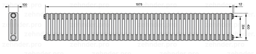 Схема (чертеж) Радиатор Zehnder Charleston 3040/43 №7610 Белый глянцевый RAL 9016